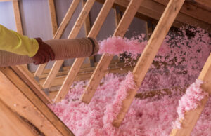 An attic with blown in fiberglass insulation
